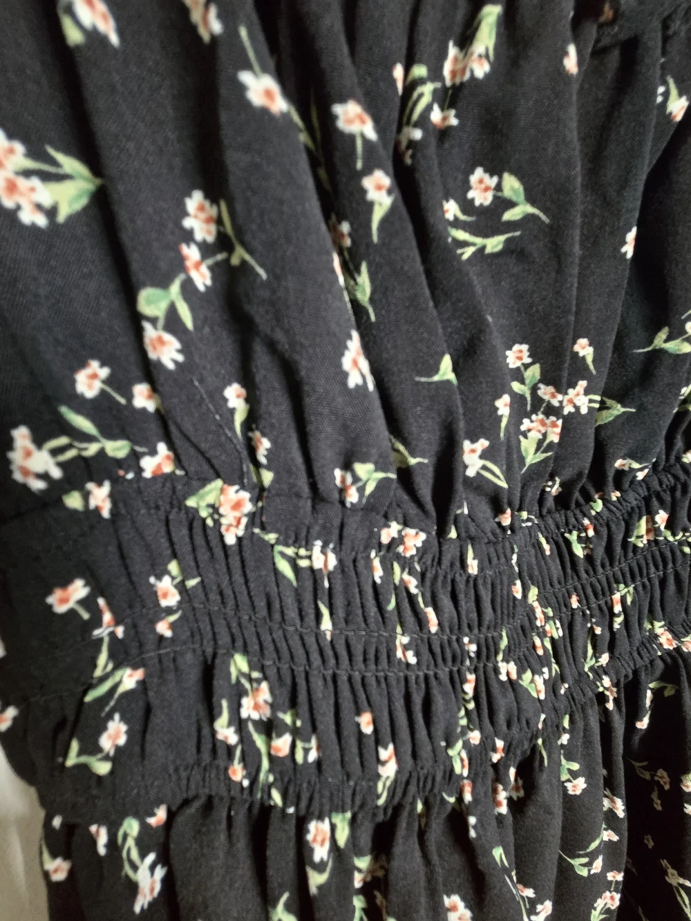 Black Floral Smocked Mini Dress Cottagecore Ruffle Puff Sleeve Boho Summer -L